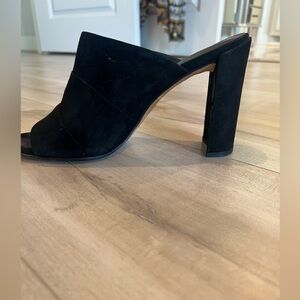 Stuart Weitzman Black Suede Open-Toe Block Heel Mule